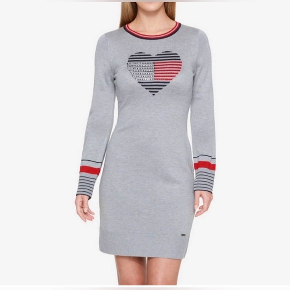 Tommy Hilfiger Gray Long Sleeve Dress with Heart Design